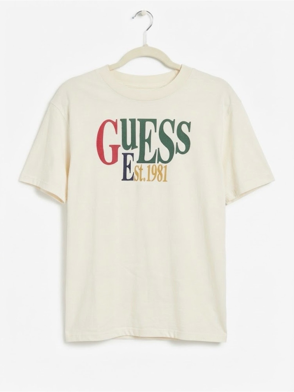 GUESS Vintage Cream Short Sleeve Tee with Multicolor Logo